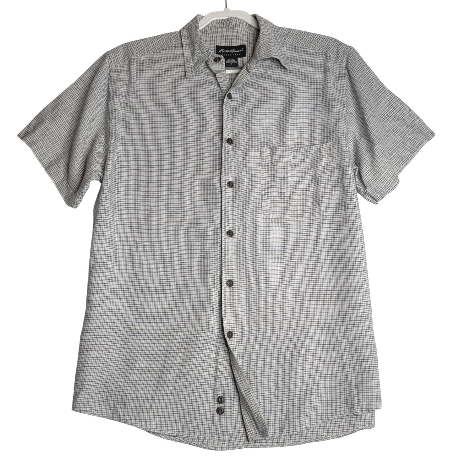 Eddie Bauer Linen Blend Checkered Short Sleeve Grey Mens Small